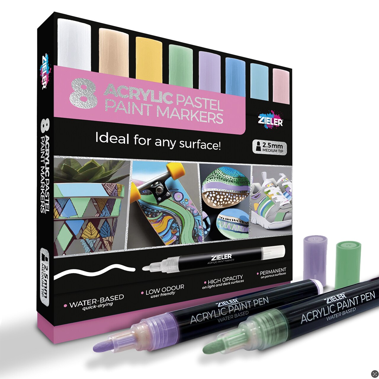 Acrylic Pastel Paint Marker Pens, Medium tip (2.5mm), Set of 8 Assorted Pastel Colors